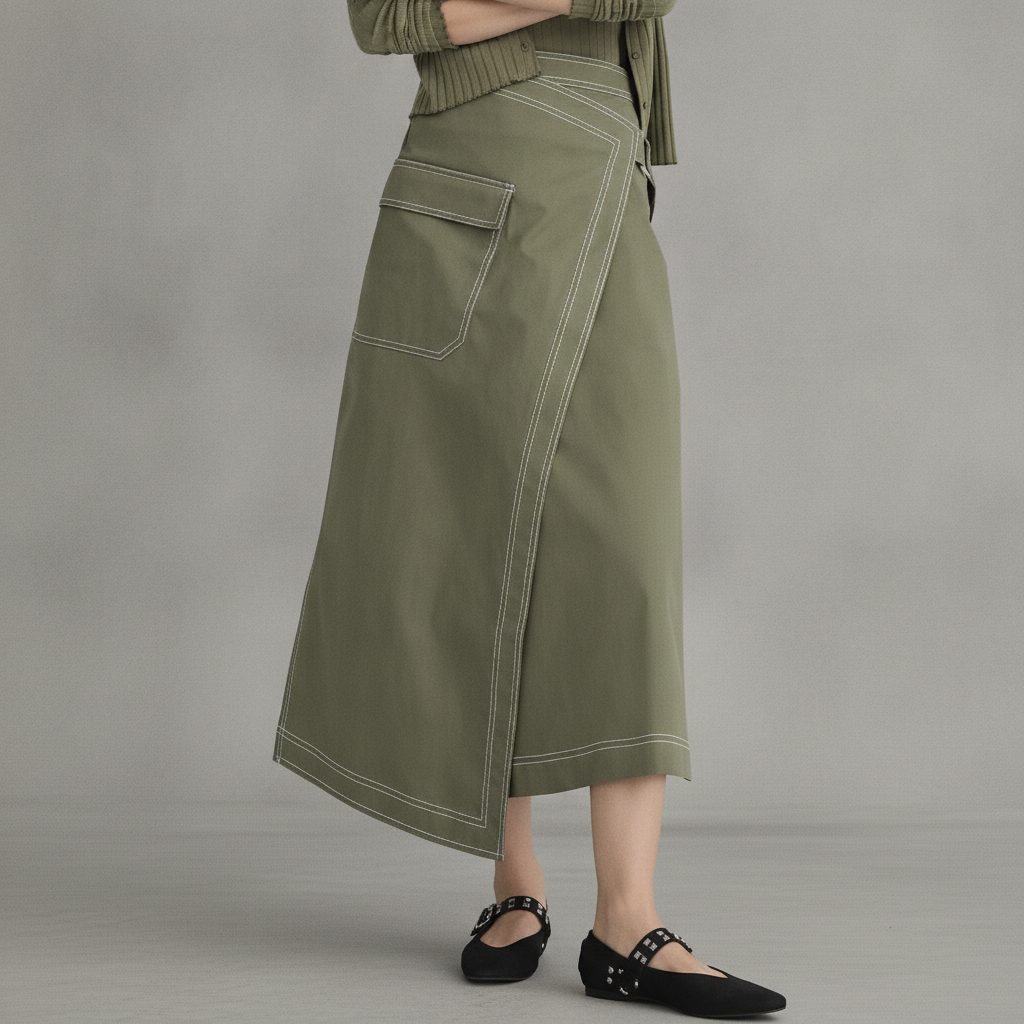 Topstitched Midi Pocket Wrap Skirt
