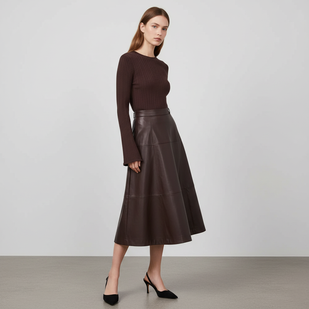 Faux Leather Paneled Belted Midi Skirt