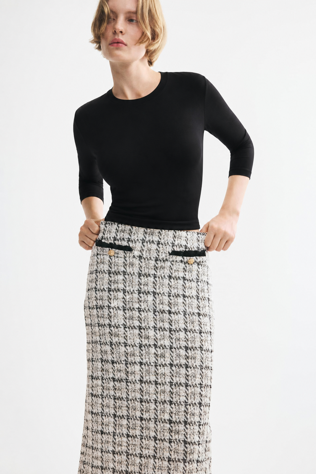 Bouclé-Knit Skirt with Fringe - Cream/Checked