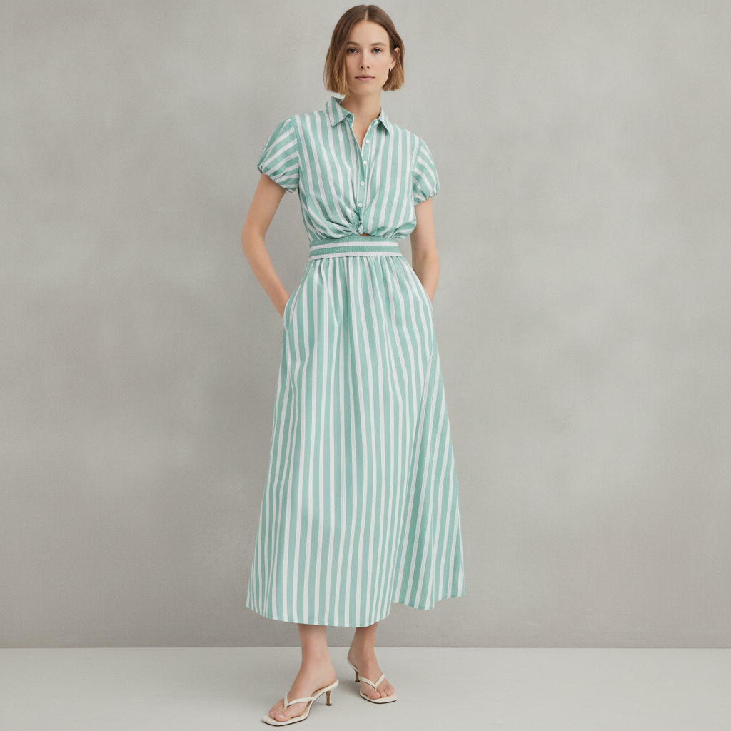 Striped Poplin Twist Midi Pocket Shirtdress