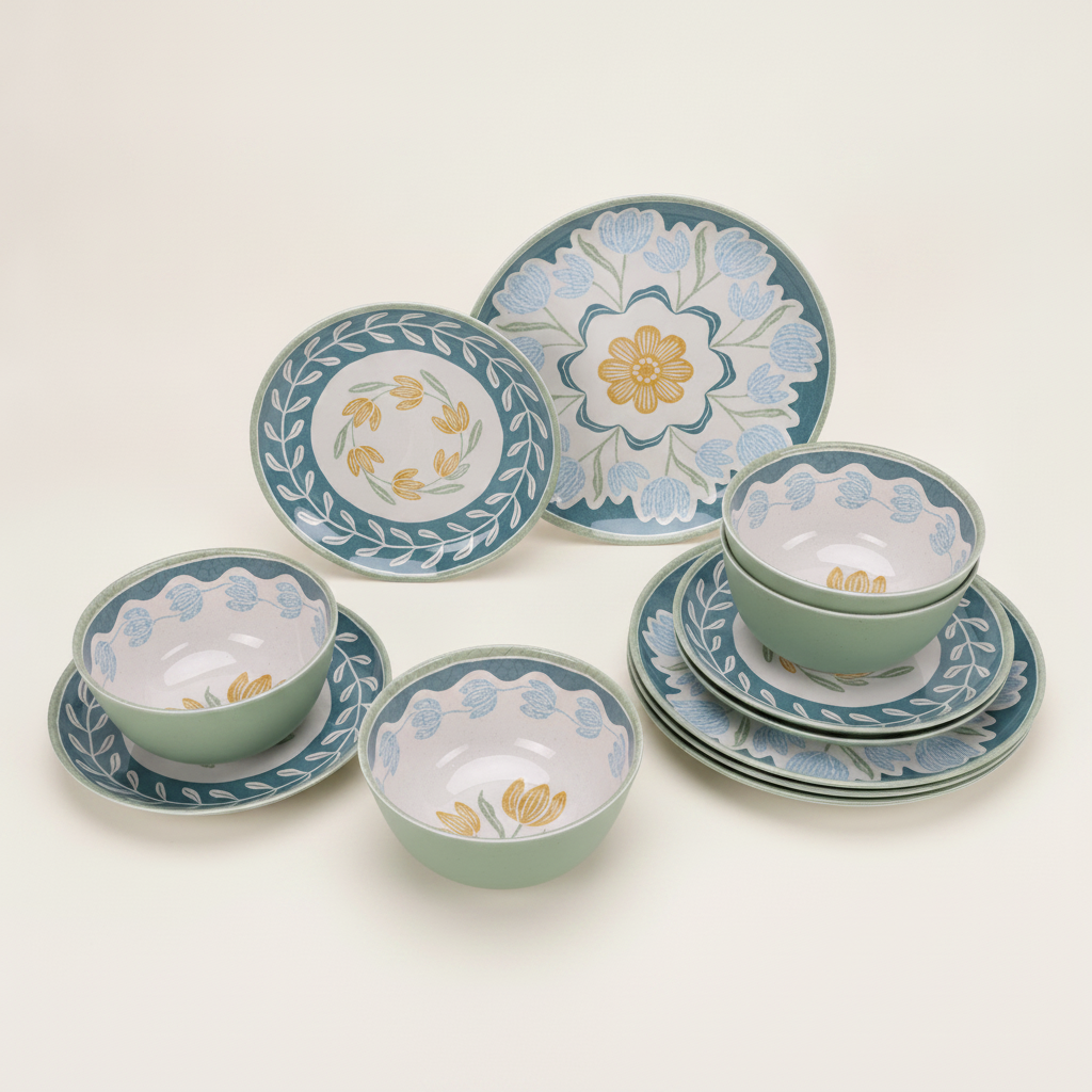 Better Homes & Gardens 12 Piece Bamboo Melamine Green Floral Dinnerware Set