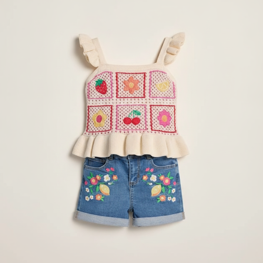 Girls Crochet Applique Fruit Peplum Tank Top - Amalfi Coast - White