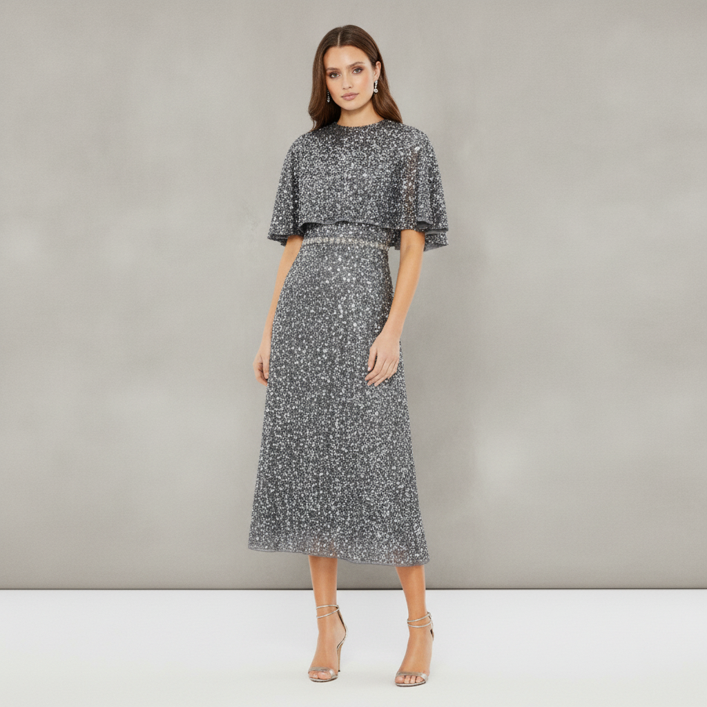 Gray Embellished Cape High Neck Midi Dress