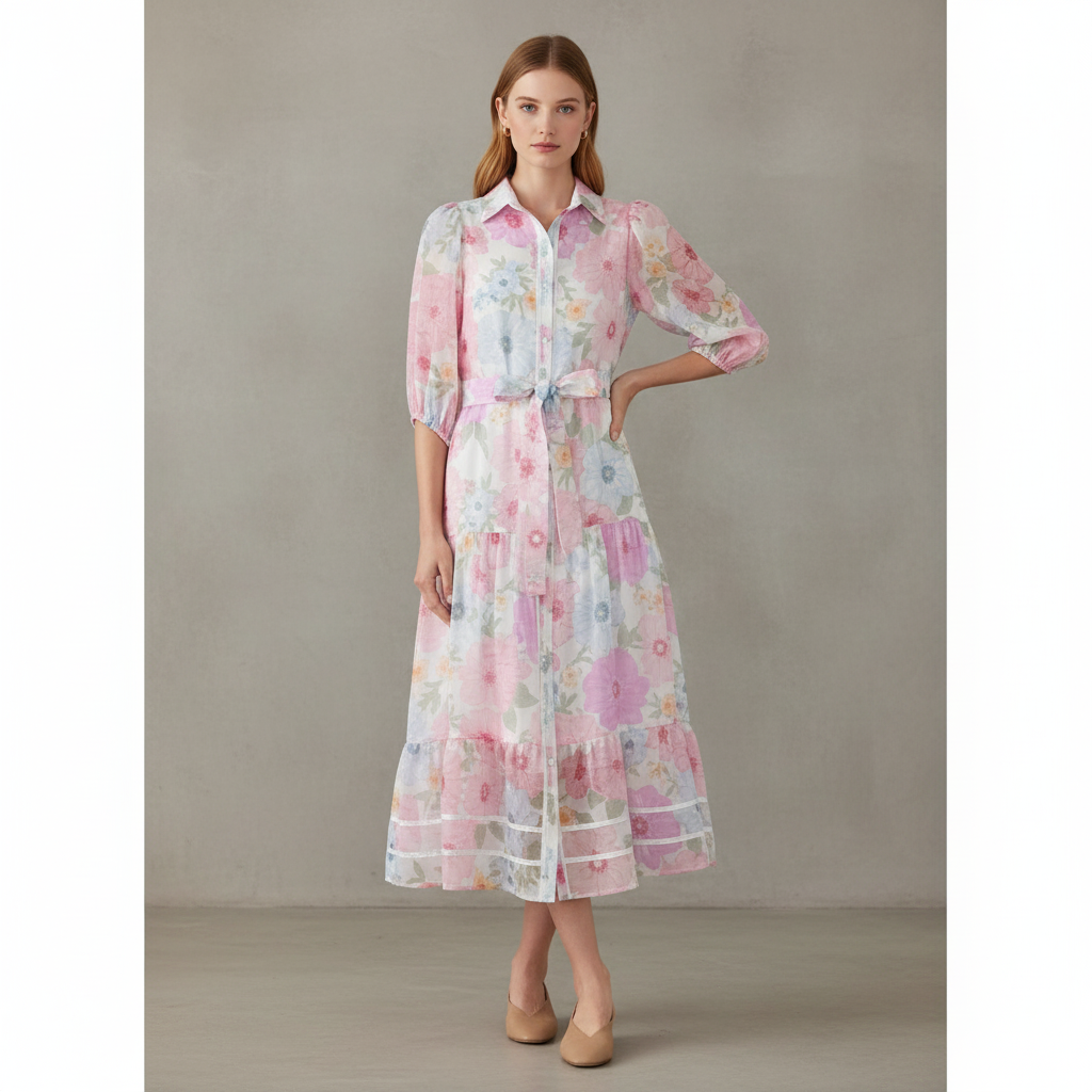 Women's Short Puff Sleeve Printed Chiffon Shirtdress