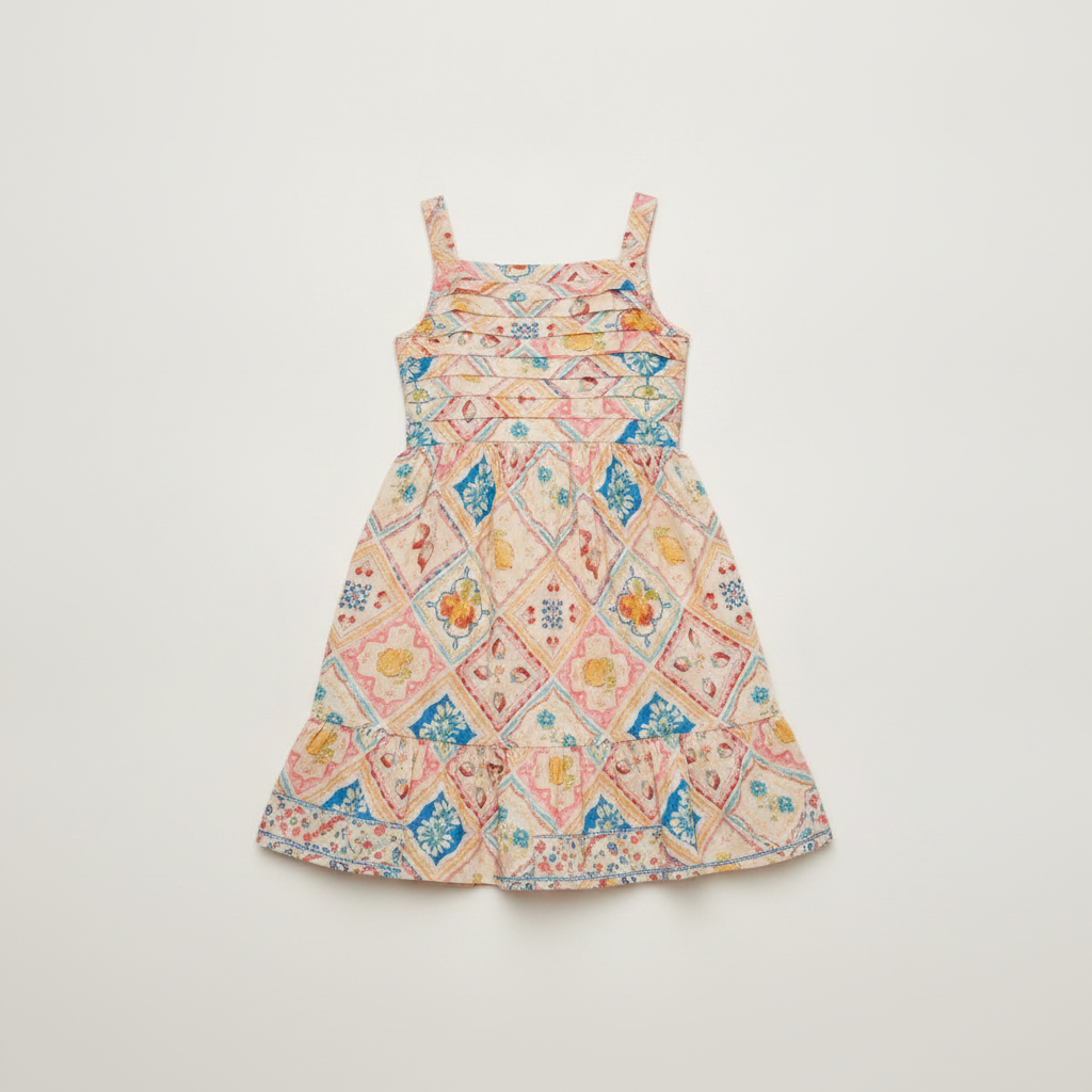 Girls Tile Pleated Ruffle Dress - Amalfi Coast - White