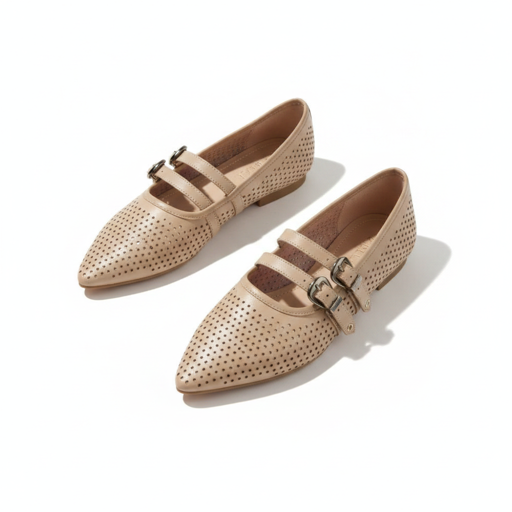 Dover Powder Perforated Leather Flat with Double Strap Detail