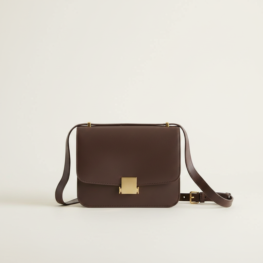 Quince Italian Leather Box Shoulder Bag in Dark Brown