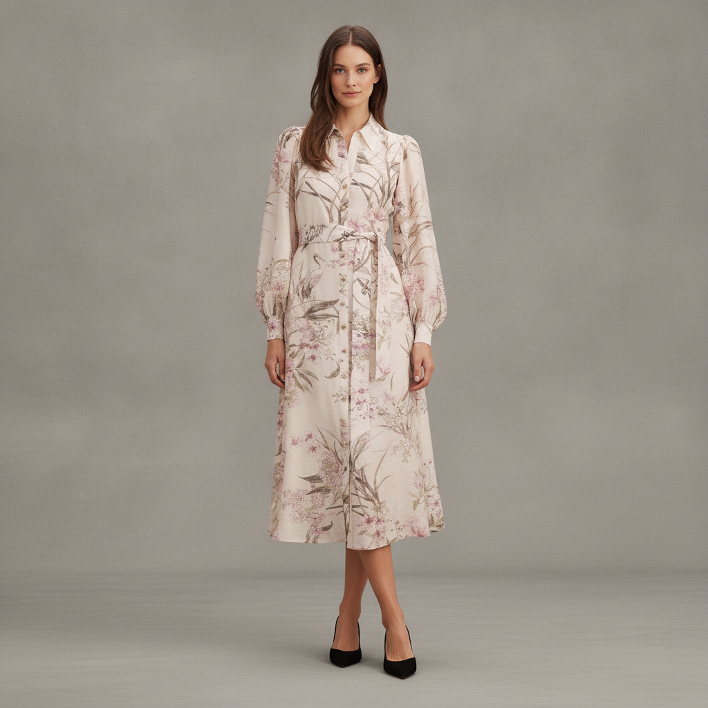 Hazel Long Sleeve Floral Print Midi Shirtdress