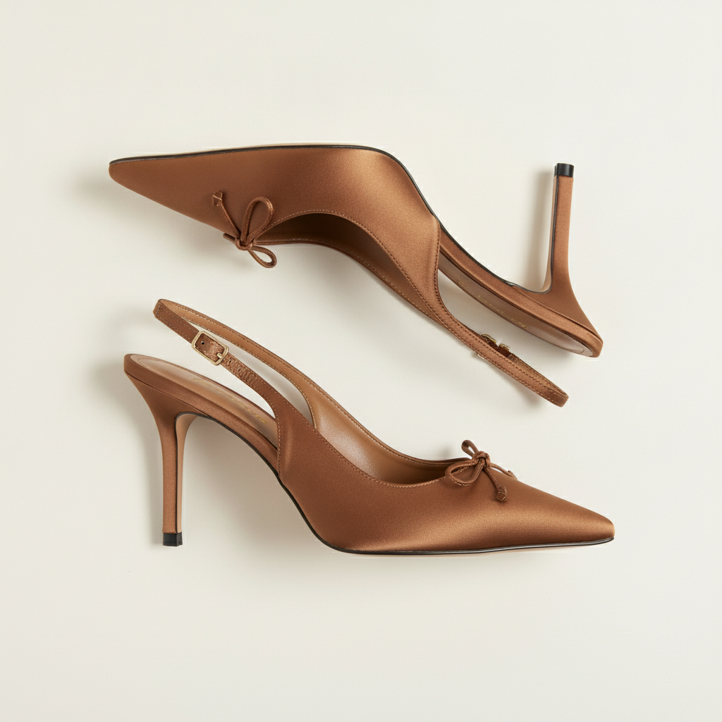 Mango Bow Detailing Satin Slingback Heels in Brown