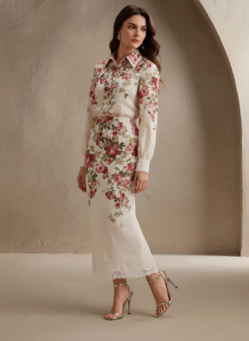 Floral Print Collared Long Sleeve Top And Lace Trim