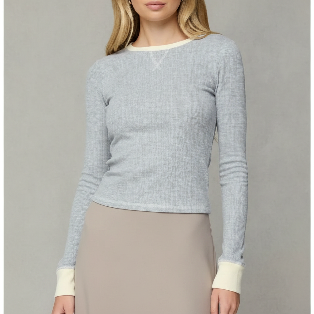 Rora Contrast Trim Crop Cotton Blend Waffle Top