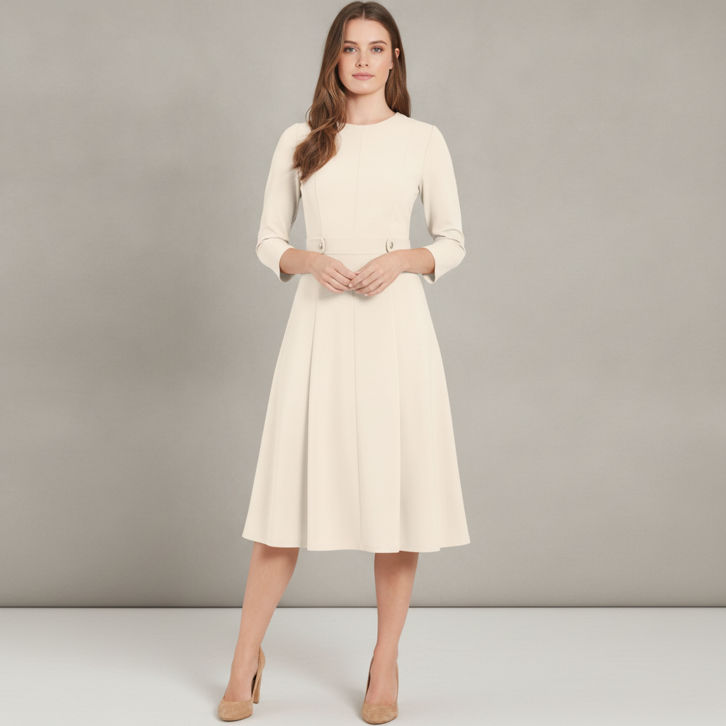 Three-Quarter Sleeve Seamed Side Tab Fit & Flare Midi Dress