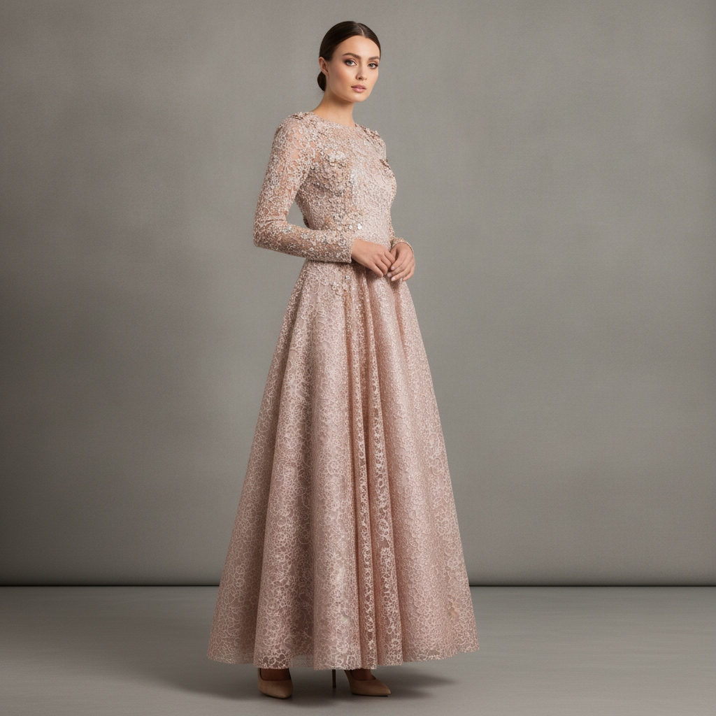 Pink Embellished Illusion Long Sleeve A Line Gown