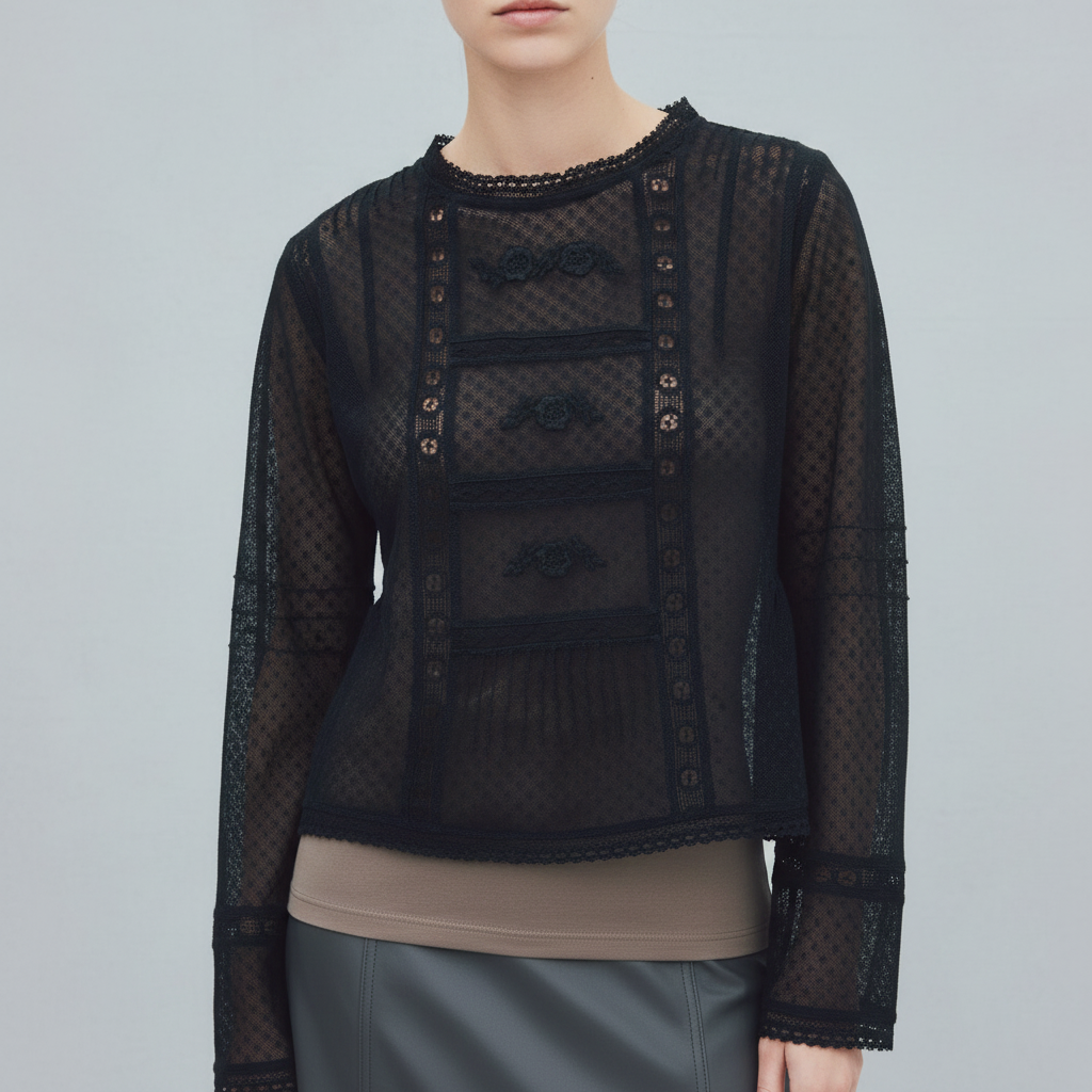 Plumeti Mesh Blouse - pictured with Taupe Abardsion Long Sleeve Fitted Shell