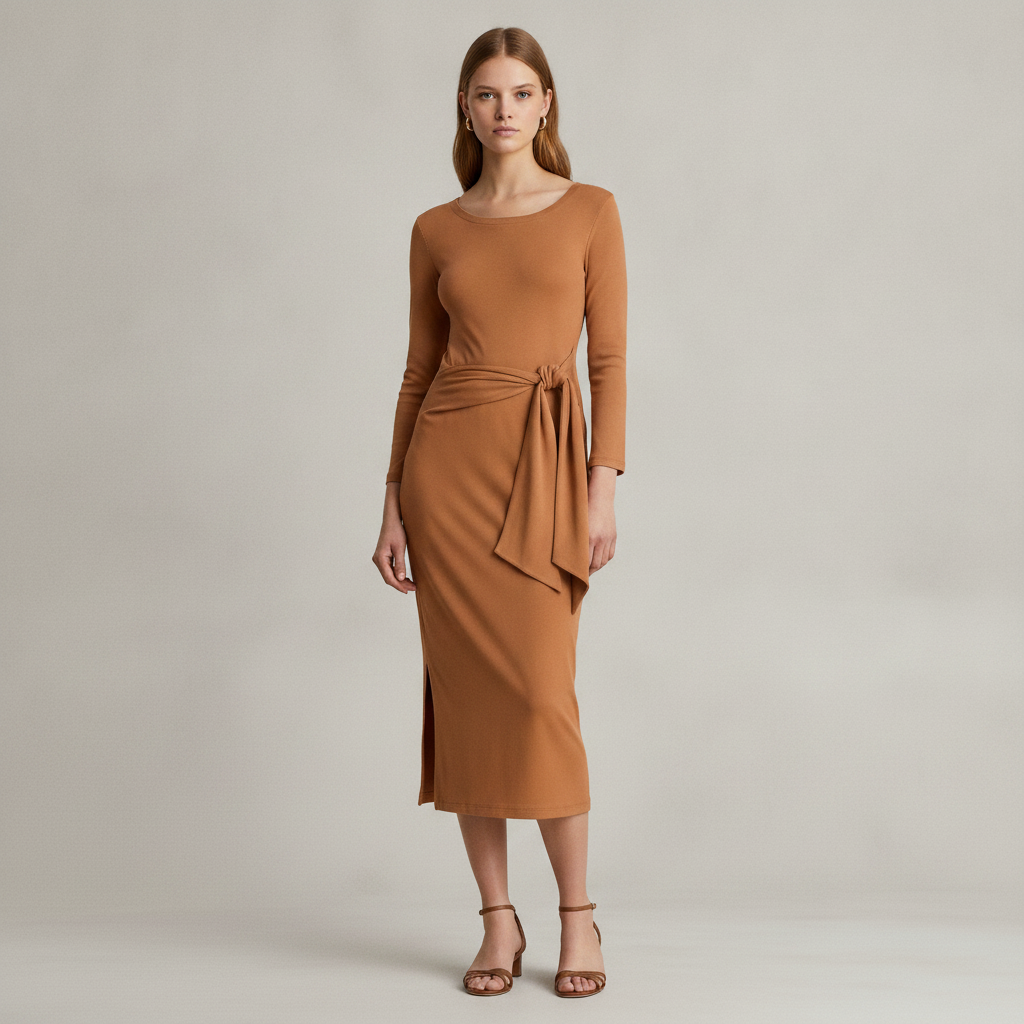 Imalah Tie Waist Rib Cotton Blend Midi Dress