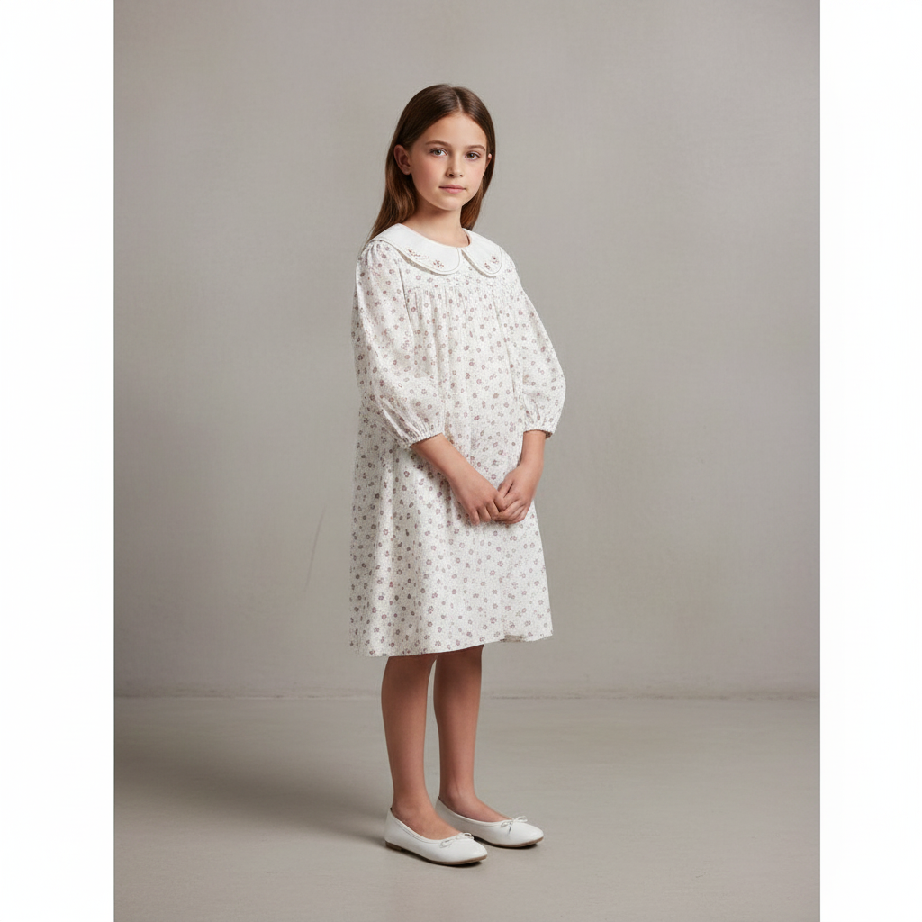 Rose Bud Print Peter Pan Collar Long Sleeve Dress