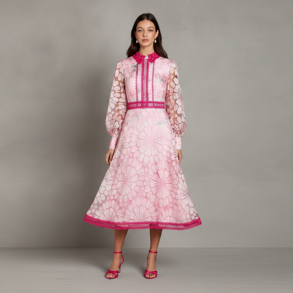 Contrast Collar Lace Trim Midi Dress