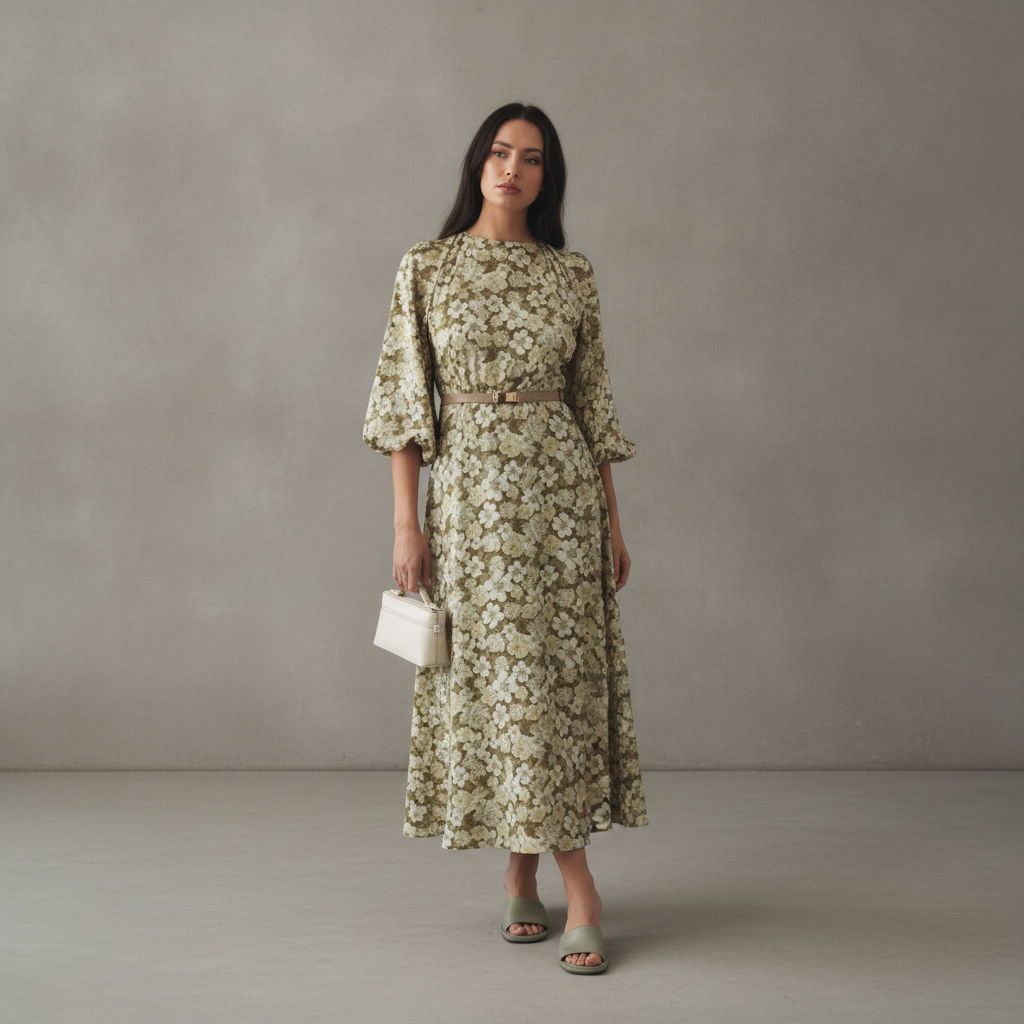 Green Floral Balloon Sleeve Dress