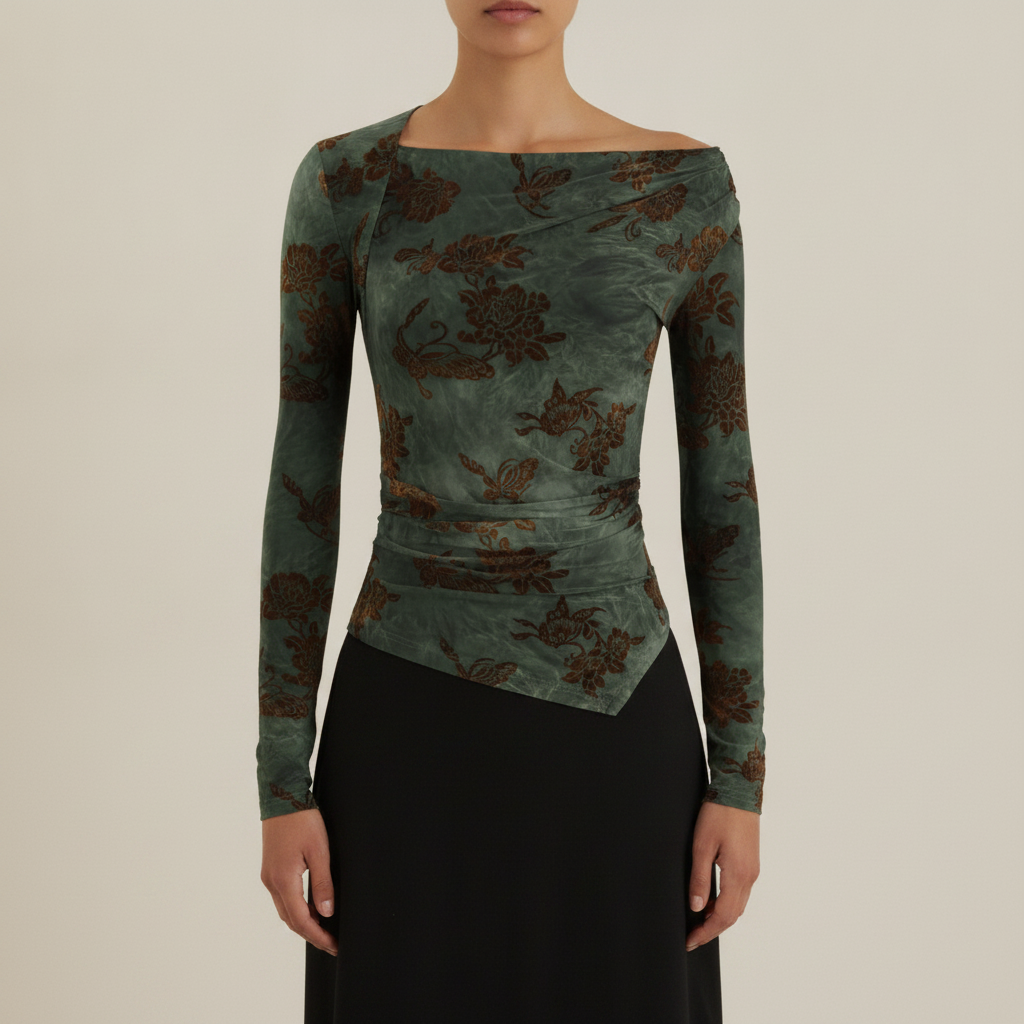 Asymmetrical Neck Floral Ruched Long Sleeve Blouse