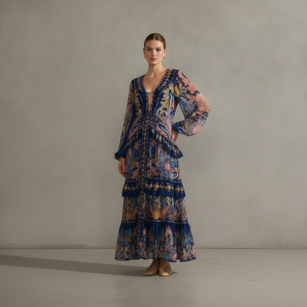 Navy Blue Sea Garden Braid Details Maxi Dress