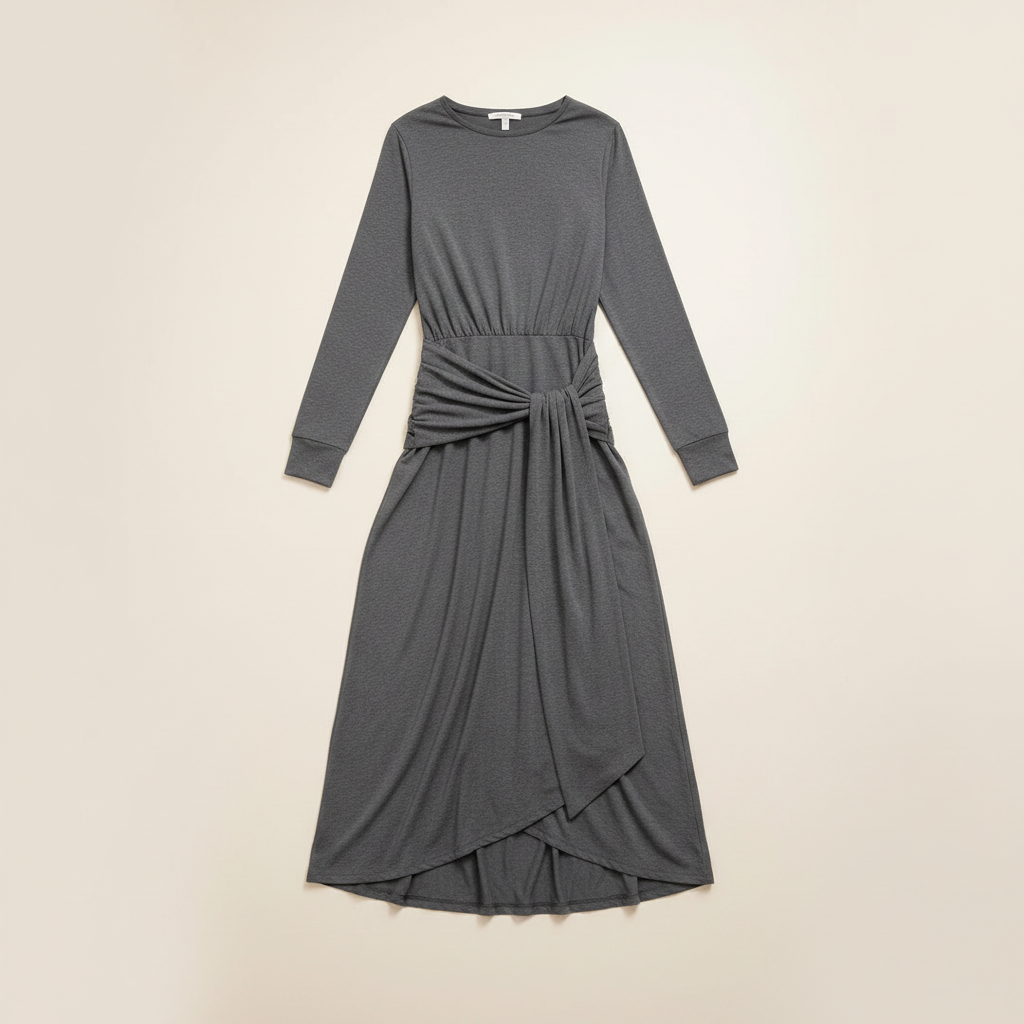 ASOS DESIGN long sleeve slash neck tie blouson front maxi dress in charcoal