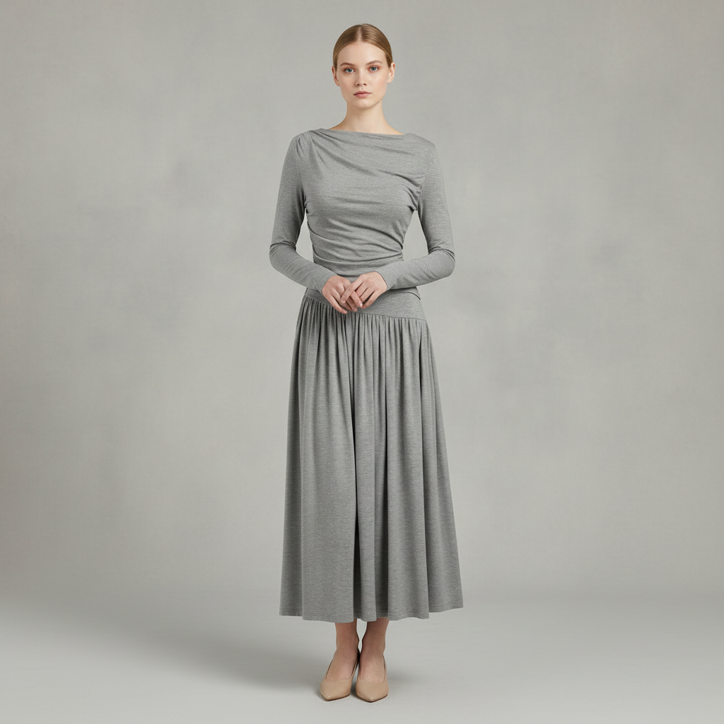 Boat Neck Ruched Asymmetrical Hem Top & Elastic Waist Maxi Skirt Set
