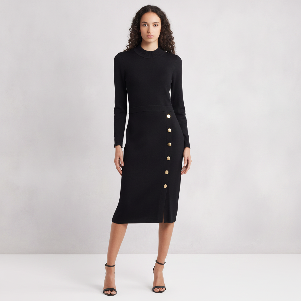 Button Mock Neck Long Sleeve Midi Dress