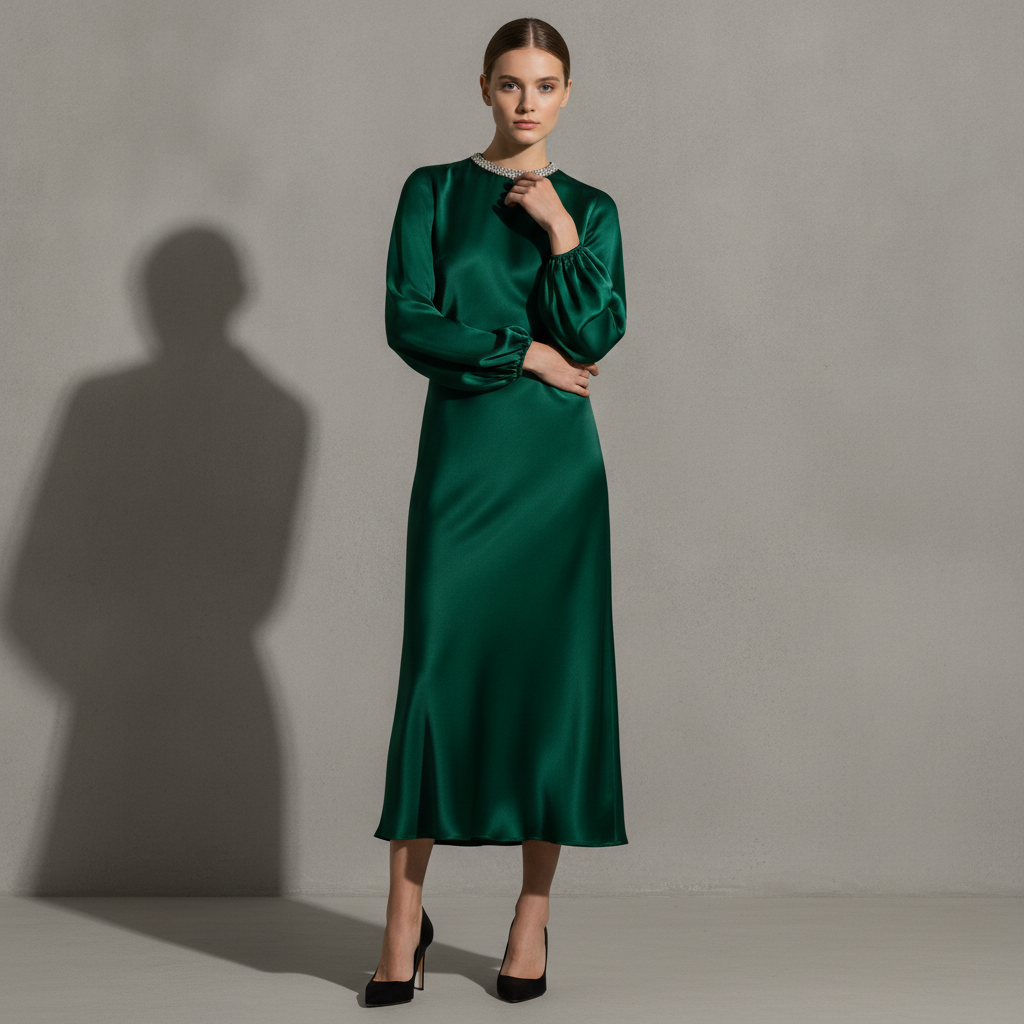 Petite Crystal Embellished High Neck Satin Dress