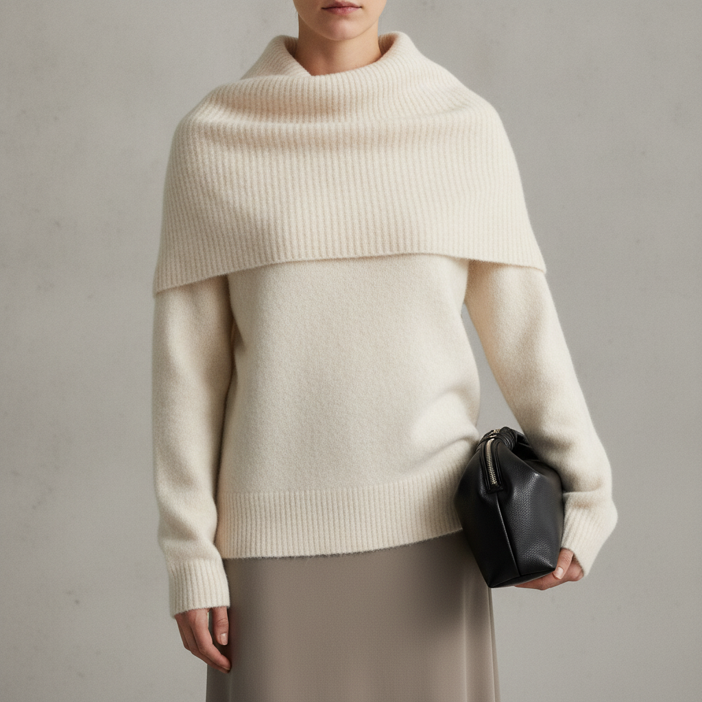 Topshop Knit Wool-Blend Deep-Fold Bardot Sweater in Ivory