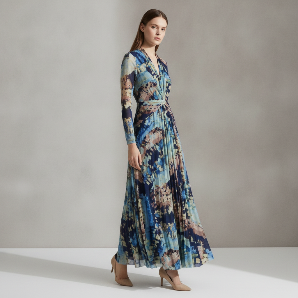 Abstract Print Twist Front Long Sleeve Mesh Maxi Dress AK ANNE KLEIN