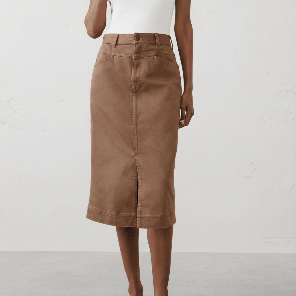 Denim Slit-Front Midi Skirt