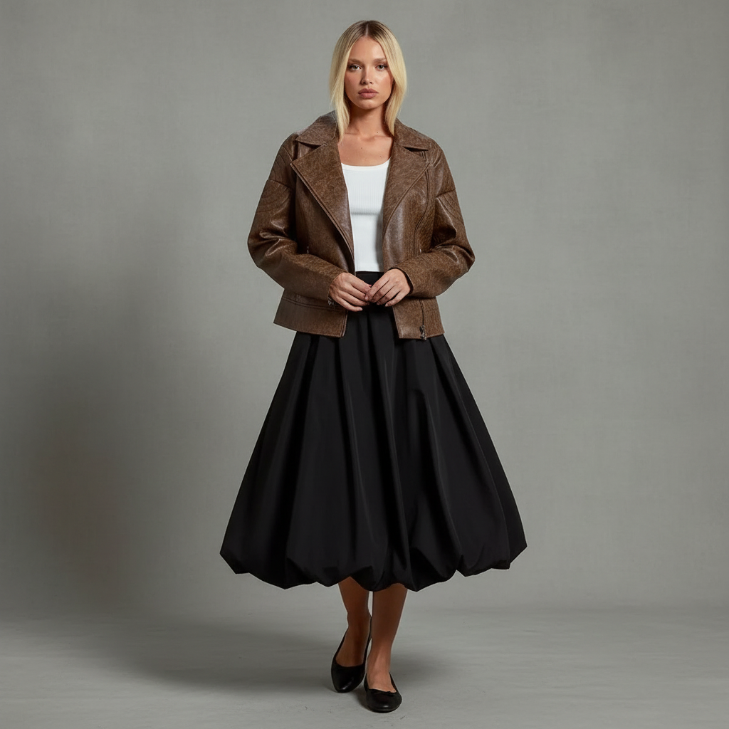 Brown Oversized Faux Leather Distressed Look Biker Jacket