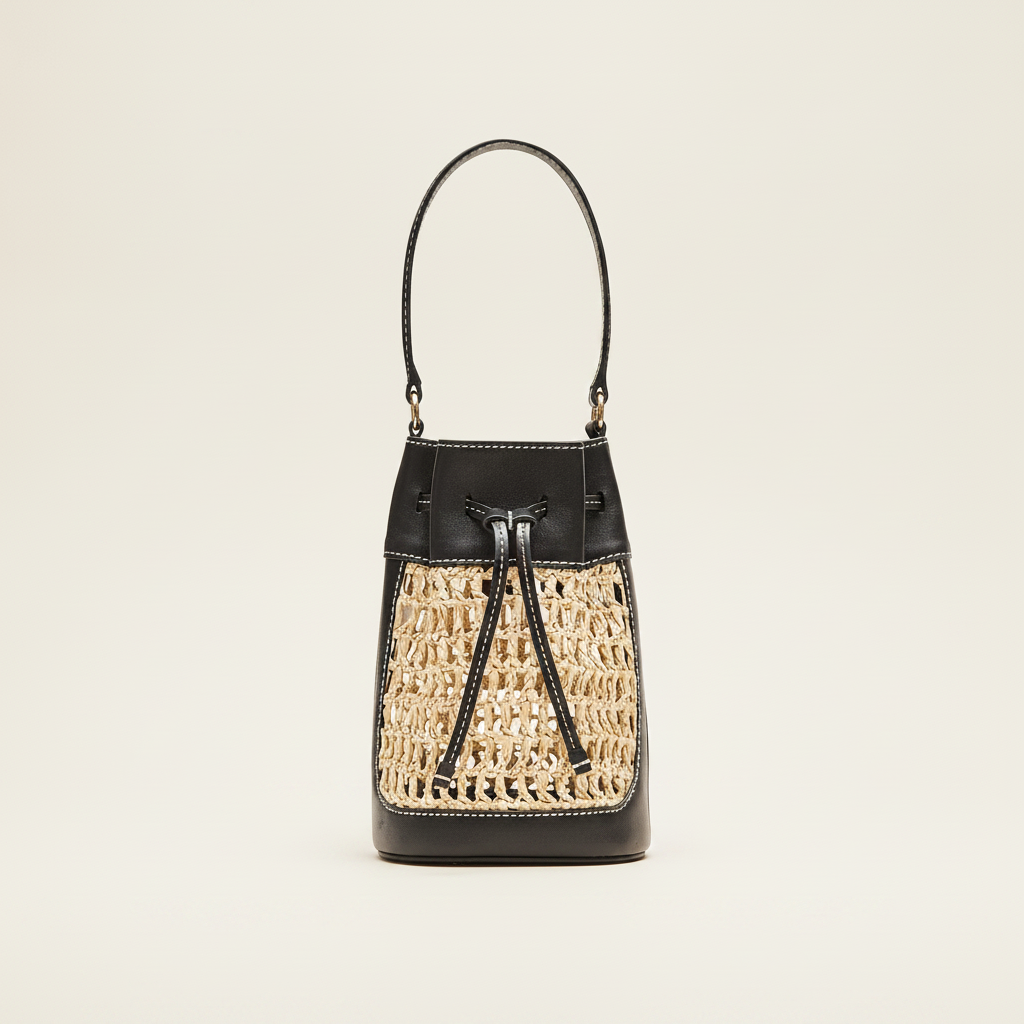 Drawstring bag in straw and leather