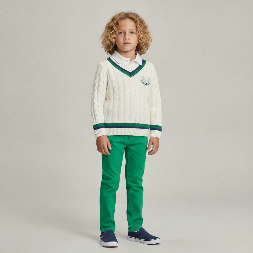 Kids Embroidered Tennis Racquet Cable Knit V-Neck Sweater - Club House - White