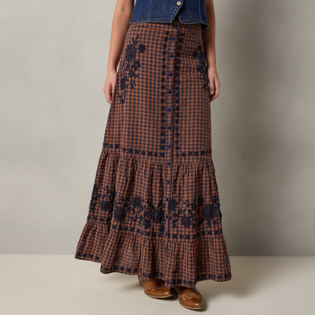 Free Fallin' Embroidered Cotton Maxi Skirt - Rust Gingham