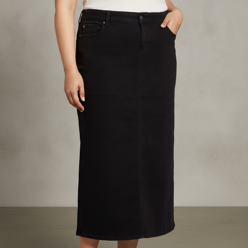 SLINK Jeans Long Denim Skirt - Plus - Black