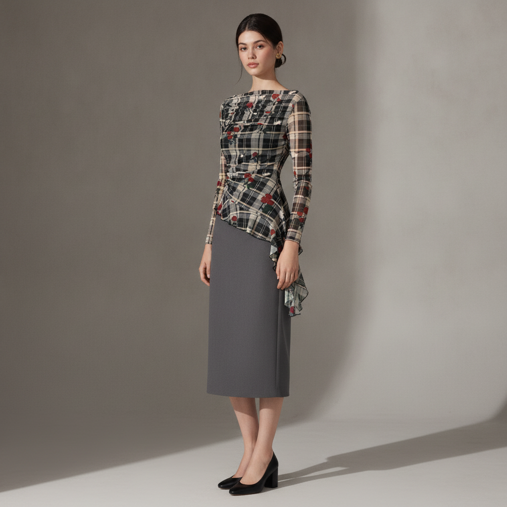 Mesh Boat Neck Rose Plaid Ruffle Hem Top