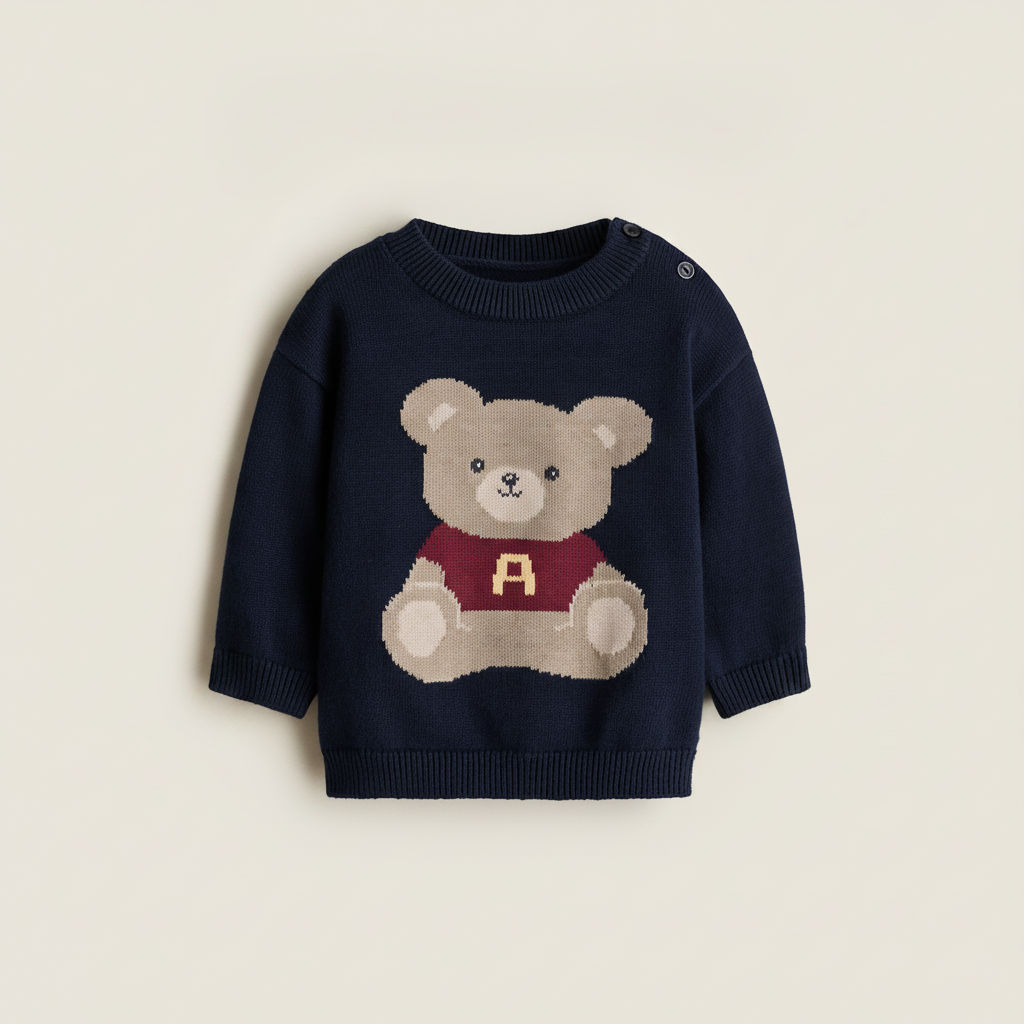 Kids Jacquard-Knit Cotton Sweater - Navy Blue/Teddy Bear