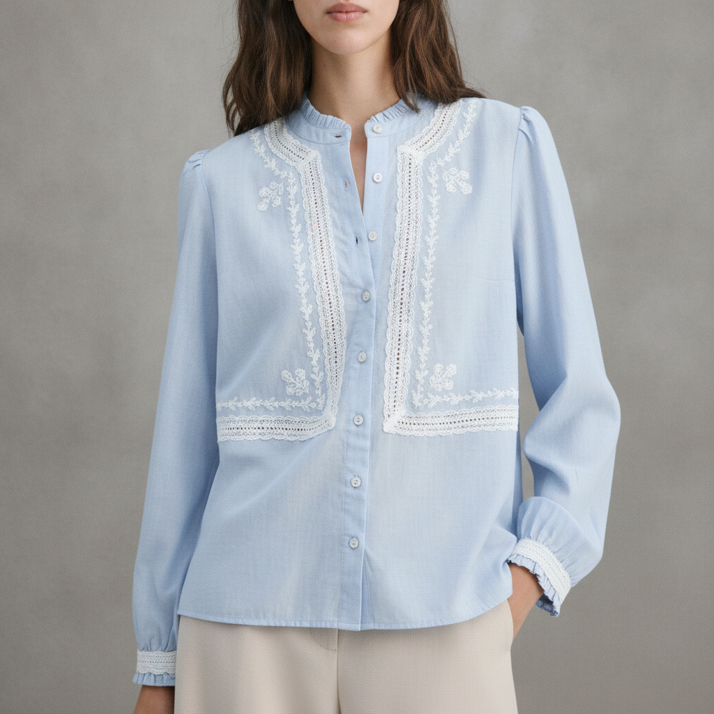 Embroidered cotton shirt with gathered details