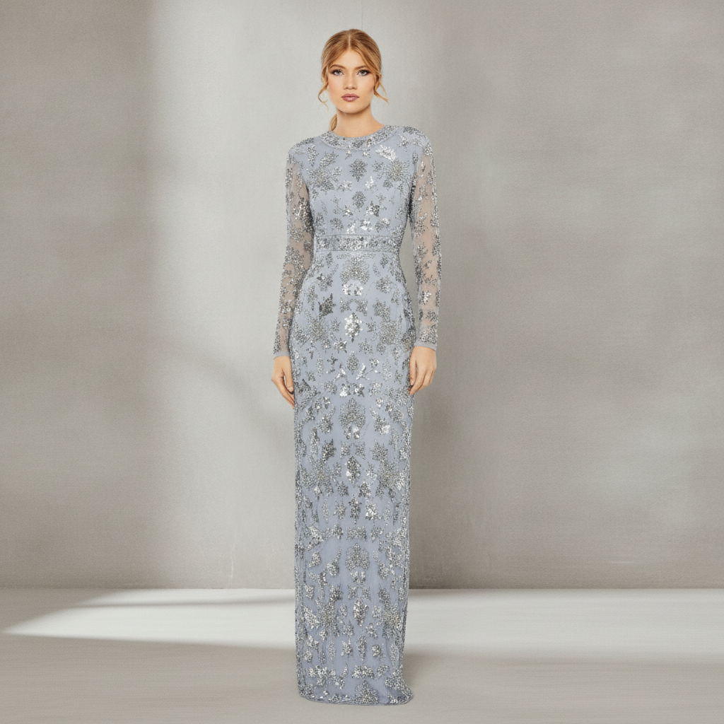 Blue High Neck Long Sleeve Embellished Column Gown