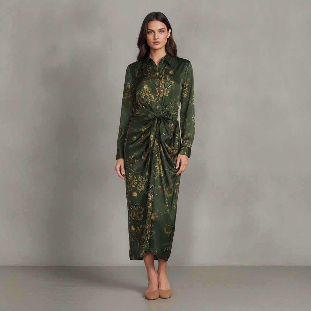 Alex Marie Adriana Printed Satin Collared Long Sleeve Tie Waist Dress