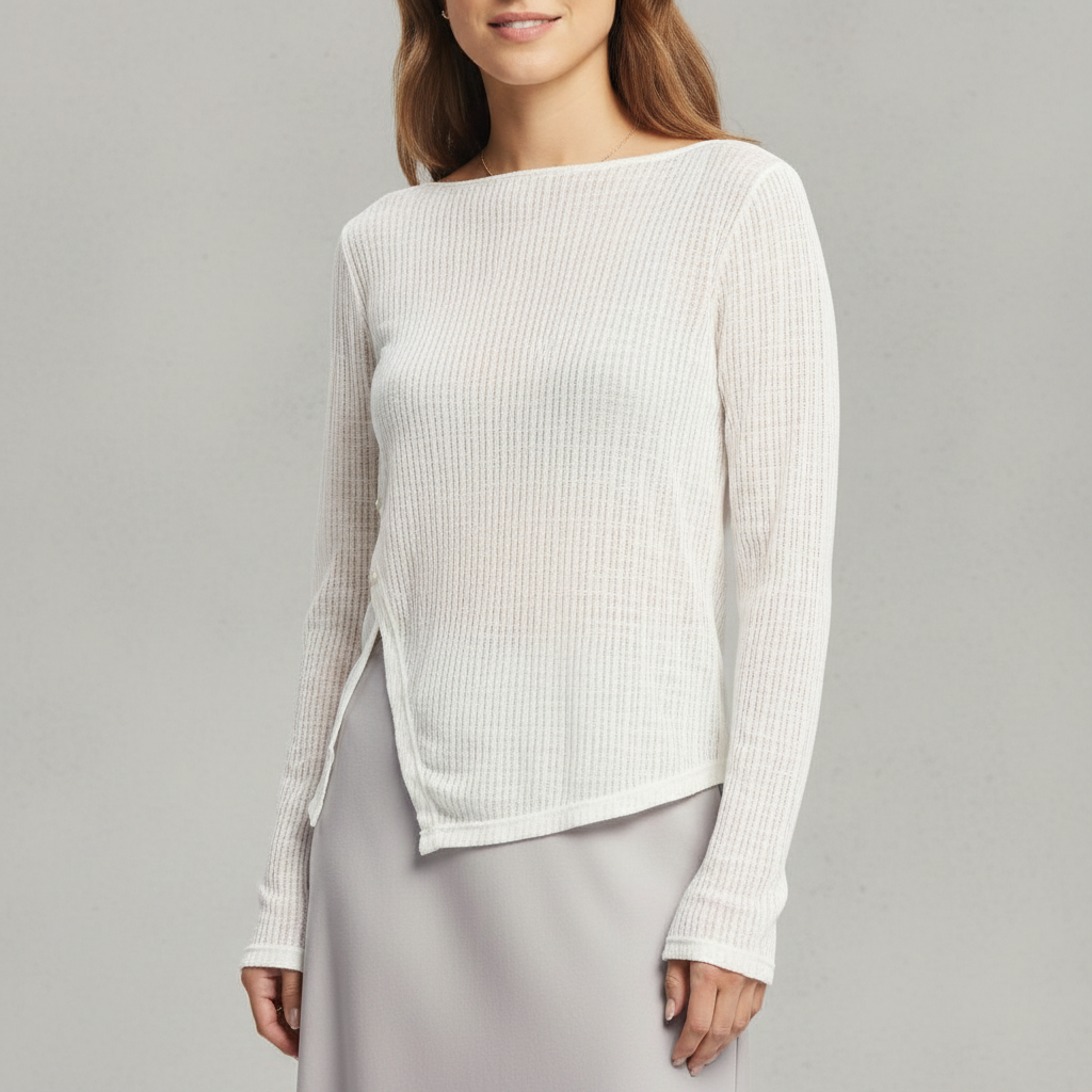 Women's Long Sleeve Split Hem Knit Top - A New Day Light Cream L