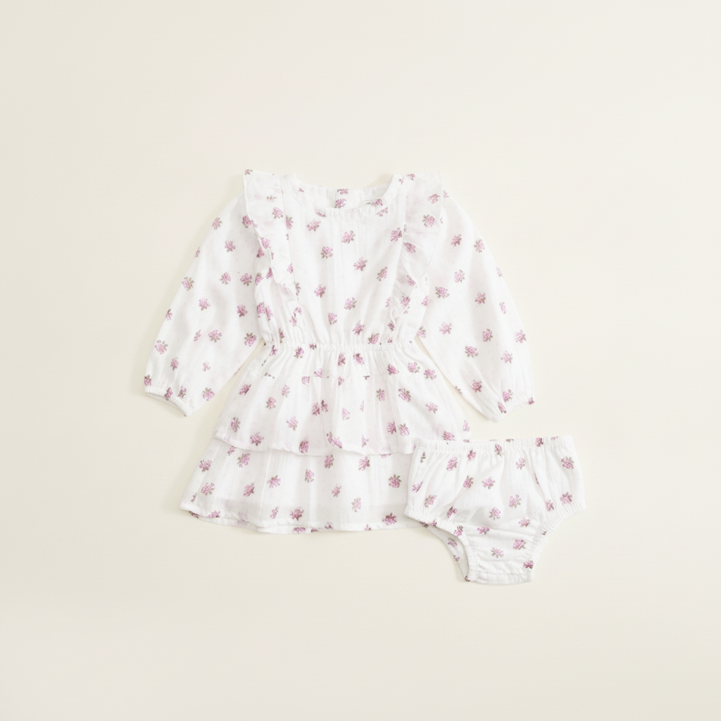 Baby Long-Sleeve Tiered Dress in Burgundy Floral