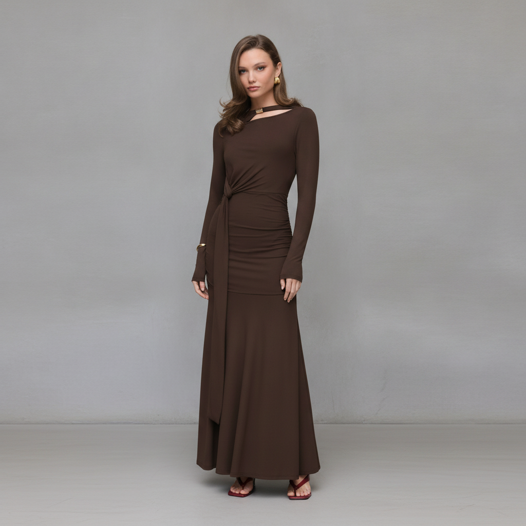 Ruched Twist Metal Detail Draped Maxi Dress