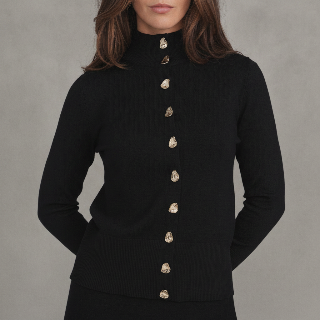 Lunella Zaniah Black Turtleneck Cardigan Sweater with Gold Buttons