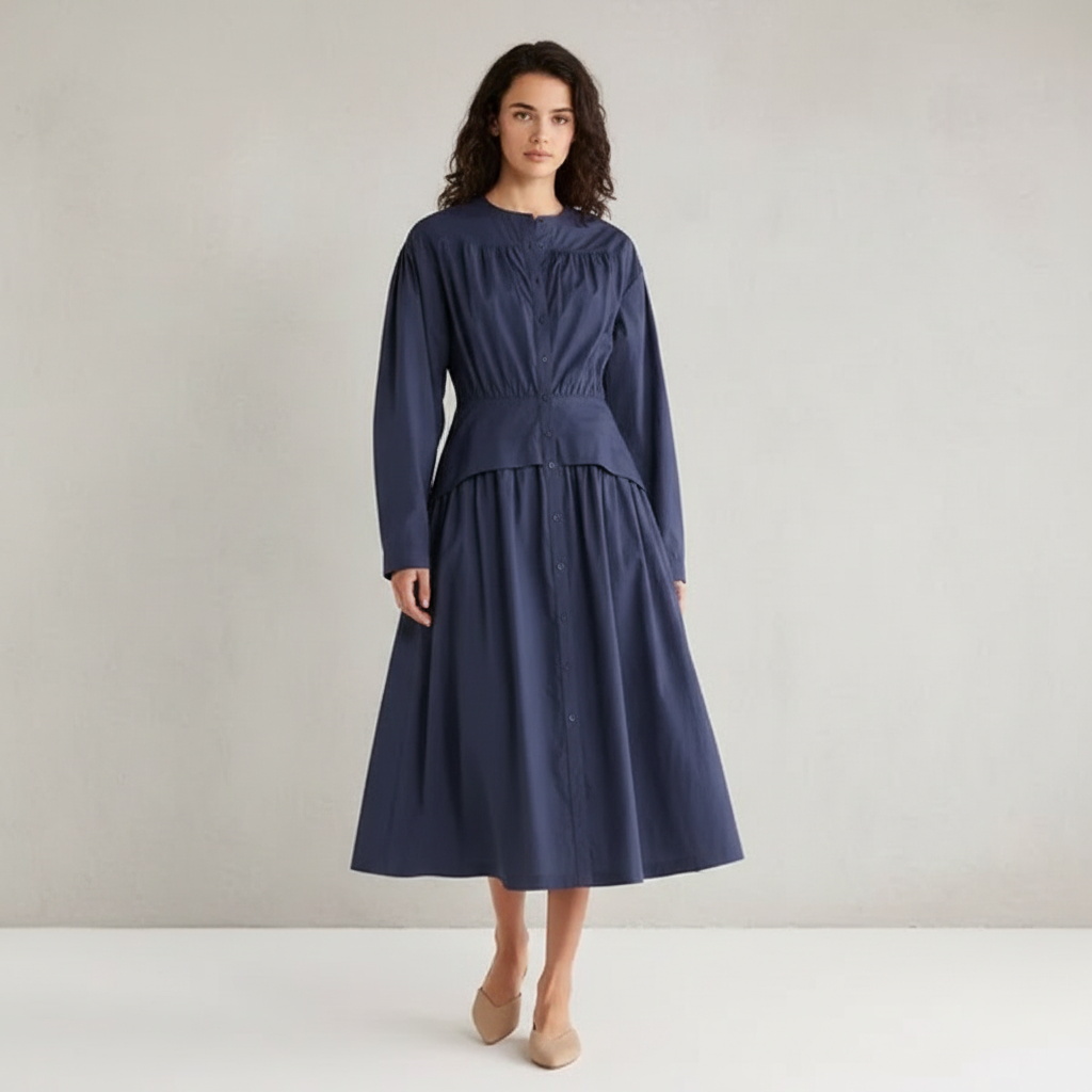 Long Sleeve Button Front Cotton Dress