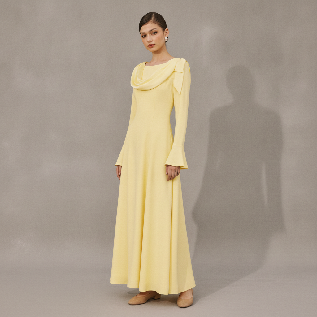 Boat Neck Bell Sleeve Draped Knotted Flared Maxi Dress
