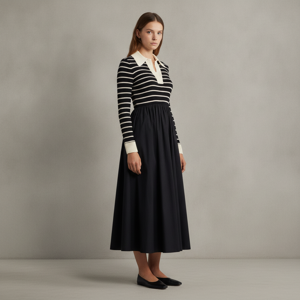 Stripe Long Sleeve Twofer Midi Dress