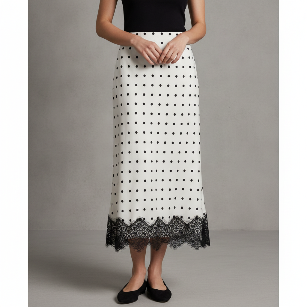 Leyajedol Satin Lace-Trim Half Slip Skirt — Polka White