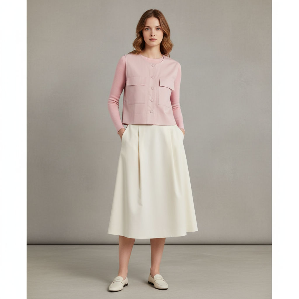 Patch Pocket Twill Vest - pictured with Baby Pink Abardsion Long Sleeve Fitted Shell